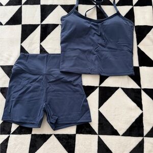 Navy Blue Active Cropped Tank & High-Rise Bike Shorts Set - Fits like Medium